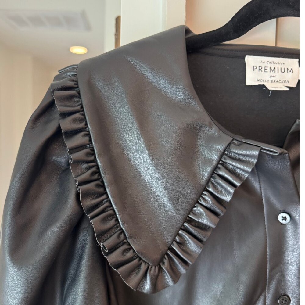 Molly Bracken Premium Faux Leather Puff Sleeve Ruffle Collar Blouse | M - Picture 2 of 7